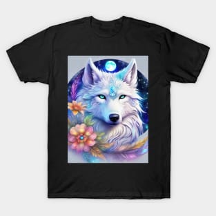 Mystical Wolf with Flowers, Full Moon, Colorful T-Shirt